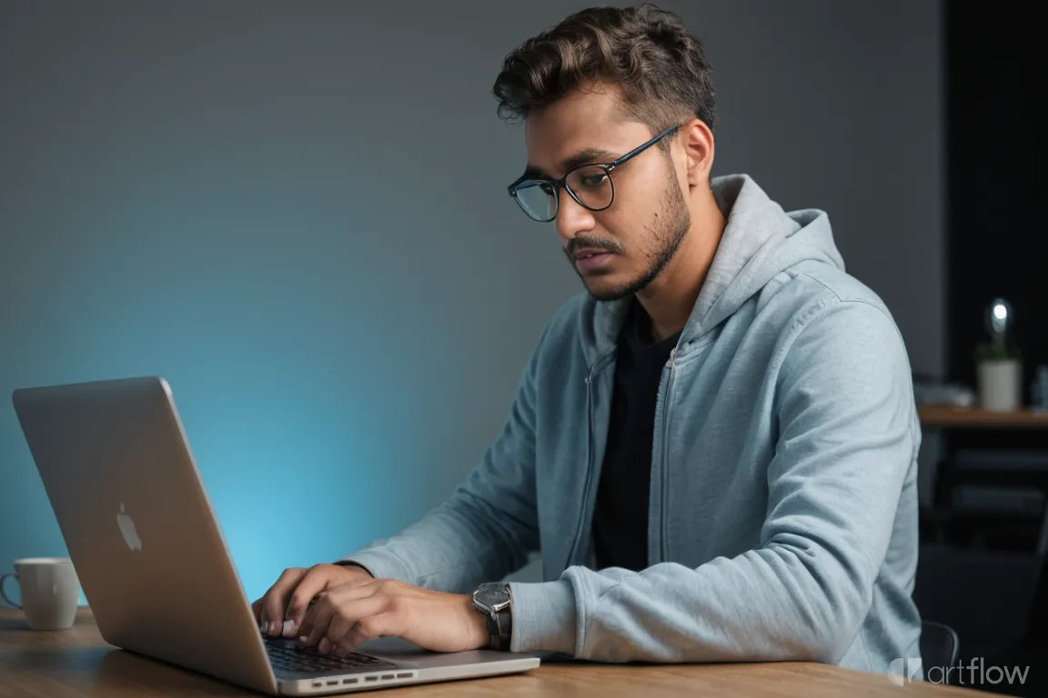 A fun vector image depicting Varshith Pabbisetty working on his pc